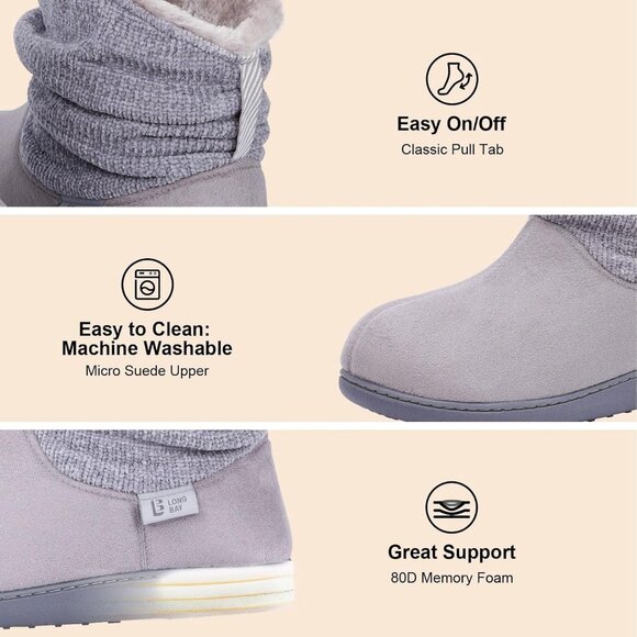 Women's Grey LongBay Chenille Knit Bootie Slippers Memory Foam Faux Fur Suede - Picture 4 of 6